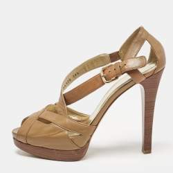 Pre Owned Stuart Weitzman Brown Leather Ankle Strap Peep Toe Sandals Size 39.5