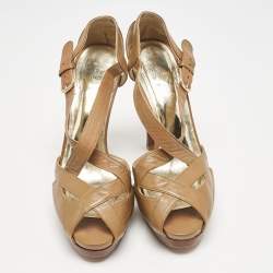 Pre Owned Stuart Weitzman Brown Leather Ankle Strap Peep Toe Sandals Size 39.5
