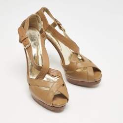 Pre Owned Stuart Weitzman Brown Leather Ankle Strap Peep Toe Sandals Size 39.5