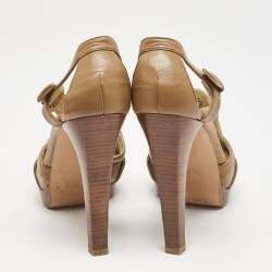 Pre Owned Stuart Weitzman Brown Leather Ankle Strap Peep Toe Sandals Size 39.5