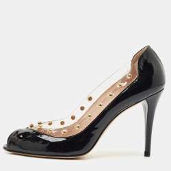 Stuart Weitzman Black Patent Leather and PVC Studded Peep Toe Pumps Size 38.5