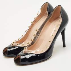 Stuart Weitzman Black Patent Leather and PVC Studded Peep Toe Pumps Size 38.5