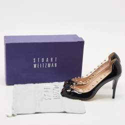 Stuart Weitzman Black Patent Leather and PVC Studded Peep Toe Pumps Size 38.5