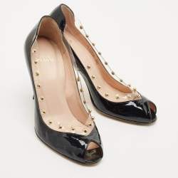 Stuart Weitzman Black Patent Leather and PVC Studded Peep Toe Pumps Size 38.5
