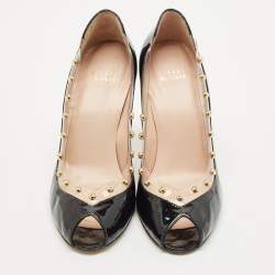 Stuart Weitzman Black Patent Leather and PVC Studded Peep Toe Pumps Size 38.5