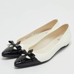 Stuart Weitzman White/Black Patent Leather Pointed Toe Ribbon Ballet Flats Size 39