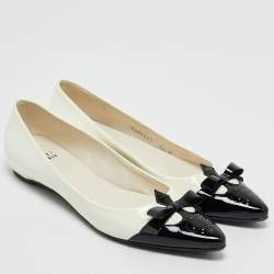 Stuart Weitzman White/Black Patent Leather Pointed Toe Ribbon Ballet Flats Size 39