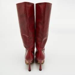 Stuart Weitzman Red Croc Embossed Leather Parton Knee Length Boots Size 40