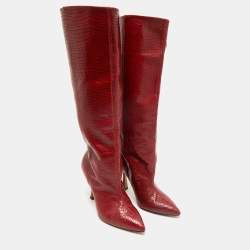 Stuart Weitzman Red Croc Embossed Leather Parton Knee Length Boots Size 40