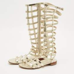 Pre Owned Stuart Weitzman Metallic Gold Leather And Elastic Gladiator Flat Sandals Size 37