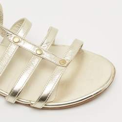 Pre Owned Stuart Weitzman Metallic Gold Leather And Elastic Gladiator Flat Sandals Size 37
