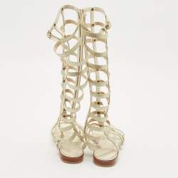 Pre Owned Stuart Weitzman Metallic Gold Leather And Elastic Gladiator Flat Sandals Size 37