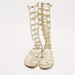 Pre Owned Stuart Weitzman Metallic Gold Leather And Elastic Gladiator Flat Sandals Size 37