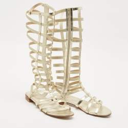 Pre Owned Stuart Weitzman Metallic Gold Leather And Elastic Gladiator Flat Sandals Size 37