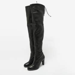 Pre Owned حذاء بوت بطول الركبة ستيورات وايتزمان جلد أسود مقاس 39