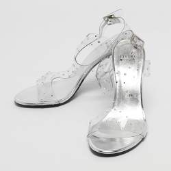Pre Owned Stuart Weitzman Silver PVC Crystals Embellished T Strap Sandals Size 39
