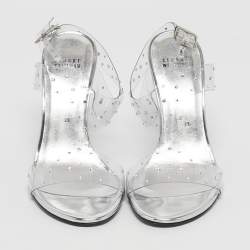 Pre Owned Stuart Weitzman Silver PVC Crystals Embellished T Strap Sandals Size 39