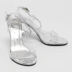 Pre Owned Stuart Weitzman Silver PVC Crystals Embellished T Strap Sandals Size 39
