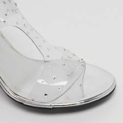 Pre Owned Stuart Weitzman Silver PVC Crystals Embellished T Strap Sandals Size 39