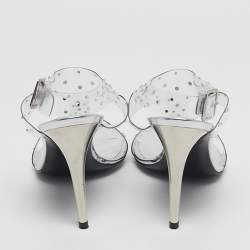 Pre Owned Stuart Weitzman Silver PVC Crystals Embellished T Strap Sandals Size 39