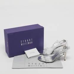 Pre Owned Stuart Weitzman Silver PVC Crystals Embellished T Strap Sandals Size 39