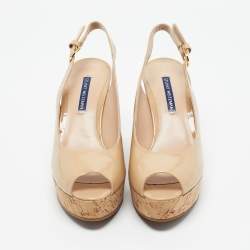 Pre Owned حذاء كعب عالي ستيورات وايزمان إسفين جلد لامع بيج مقاس 38.5