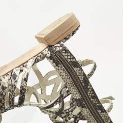 Pre Owned Stuart Weitzman Beige?Cream Snakeskin Embossed Leather Gladiator Flat Sandals Size 36