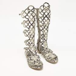 Pre Owned Stuart Weitzman Beige?Cream Snakeskin Embossed Leather Gladiator Flat Sandals Size 36