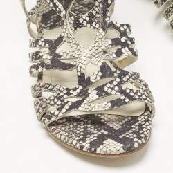 Pre Owned Stuart Weitzman Beige?Cream Snakeskin Embossed Leather Gladiator Flat Sandals Size 36