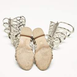 Pre Owned Stuart Weitzman Beige?Cream Snakeskin Embossed Leather Gladiator Flat Sandals Size 36