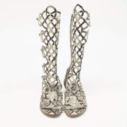 Pre Owned Stuart Weitzman Beige?Cream Snakeskin Embossed Leather Gladiator Flat Sandals Size 36