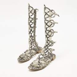 Pre Owned Stuart Weitzman Beige?Cream Snakeskin Embossed Leather Gladiator Flat Sandals Size 36
