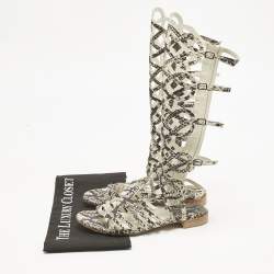 Pre Owned Stuart Weitzman Beige?Cream Snakeskin Embossed Leather Gladiator Flat Sandals Size 36