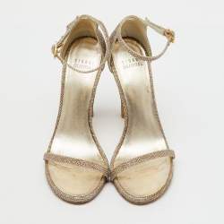 Pre Owned Stuart Weitzman Gold Metallic Lurex Fabric Nudist Ankle Strap Sandals Size 36.5