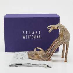 Pre Owned Stuart Weitzman Gold Metallic Lurex Fabric Nudist Ankle Strap Sandals Size 36.5