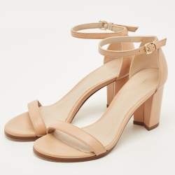 Pre Owned Stuart Weitzman Beige Leather Bambina Block Heel Ankle Strap Sandals Size 37