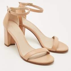 Pre Owned Stuart Weitzman Beige Leather Bambina Block Heel Ankle Strap Sandals Size 37