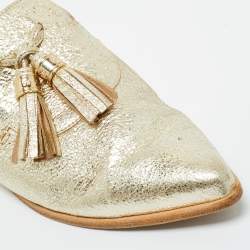 Pre Owned Stuart Weitzman Gold Texture Leather Tassel Pointed Toe Flat Mules Size 39.5