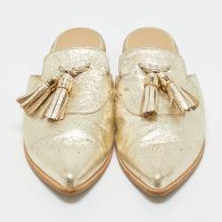 Pre Owned Stuart Weitzman Gold Texture Leather Tassel Pointed Toe Flat Mules Size 39.5