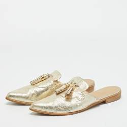 Pre Owned Stuart Weitzman Gold Texture Leather Tassel Pointed Toe Flat Mules Size 39.5