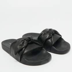 Pre Owned Stuart Weitzman Black Leather Bow Pool Slide Size 37.5