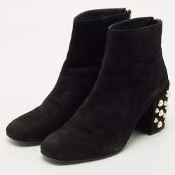 Pre Owned Stuart Weitzman Black Suede Faux Pearls Ankle Boots Size 37