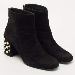 Pre Owned Stuart Weitzman Black Suede Faux Pearls Ankle Boots Size 37