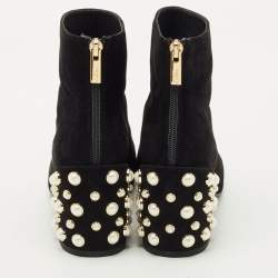 Pre Owned Stuart Weitzman Black Suede Faux Pearls Ankle Boots Size 37