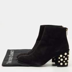 Pre Owned Stuart Weitzman Black Suede Faux Pearls Ankle Boots Size 37