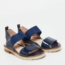 Pre Owned Stuart Weitzman Navy Blue Patent Leather Slingback Sandals Size 38.5