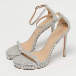 Pre Owned Stuart Weitzman Silver Glitter Nudist Ankle Strap Sandals Size 38