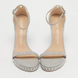 Pre Owned Stuart Weitzman Silver Glitter Nudist Ankle Strap Sandals Size 38