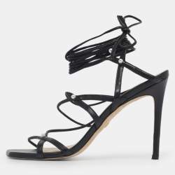 Pre Owned Stuart Weitzman Black Leather Ankle Wrap Sandals Size 39.5