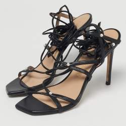 Pre Owned Stuart Weitzman Black Leather Ankle Wrap Sandals Size 39.5
